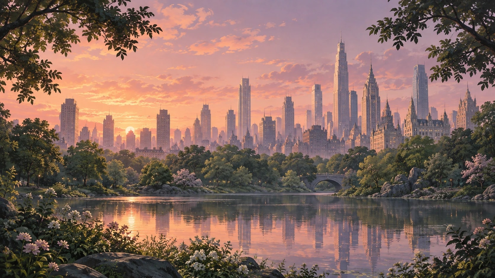 An original illustration of a city waking up beyond a lush park and tranquil lake