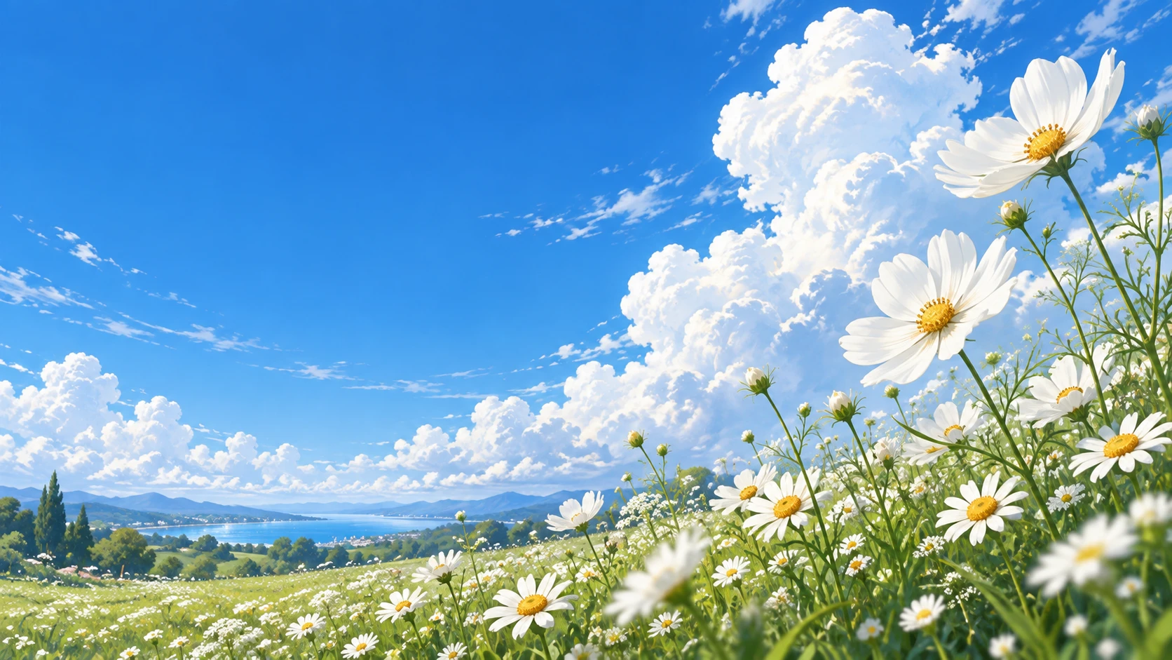 Original illustration of white summer flowers beneath a bright blue sky